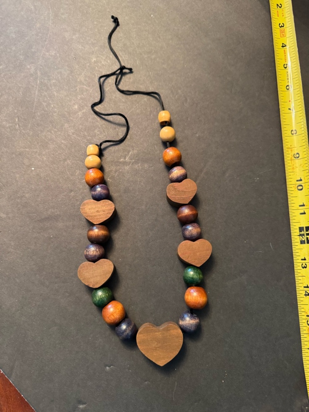 Vintage Handmade Wooden Heart Bead Necklace - Multicolor